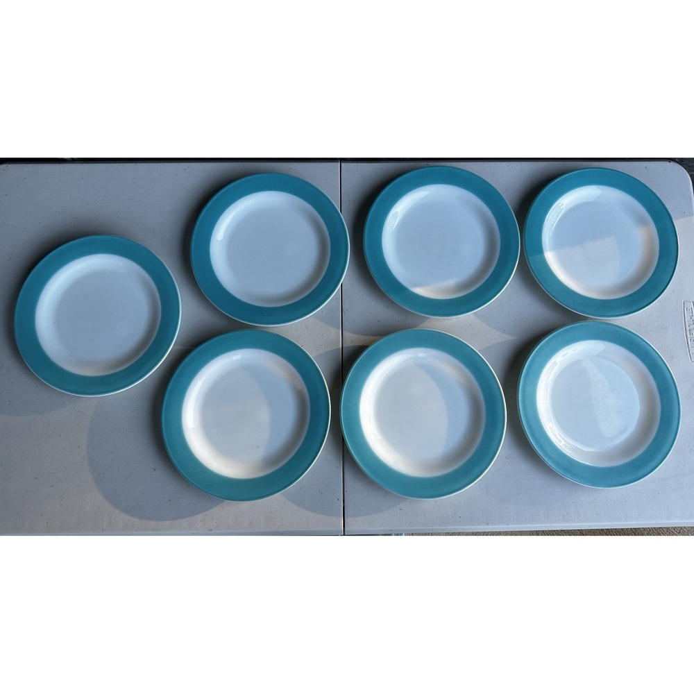 Vintage 1950's Pyrex Milk Glass & Turquoise Blue Band 10" Dinner Plate Set of 7 - Picture 2 of 6